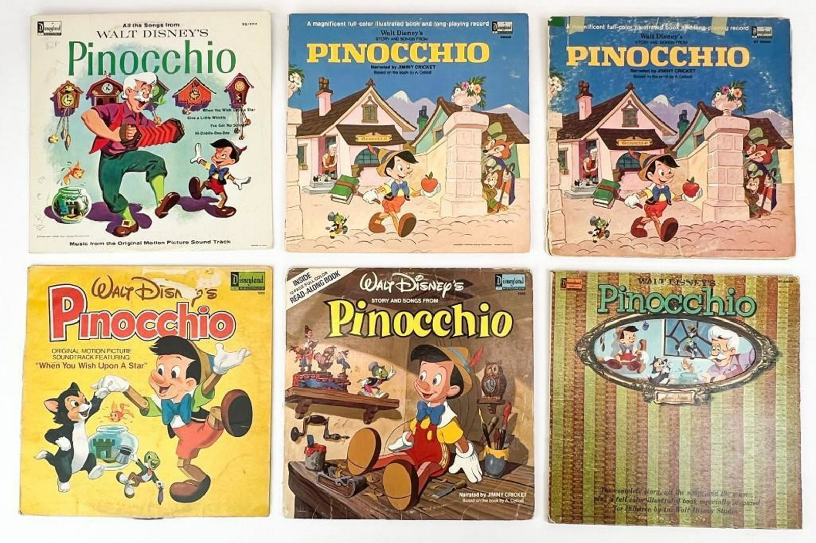 Lot of 6 Vintage Pinocchio Disney Records: Lot of 6 Vintage Pinocchio Disney Records. As- is, untested. Some wear on jacket/record. Combined weight: 3.8 lbs.