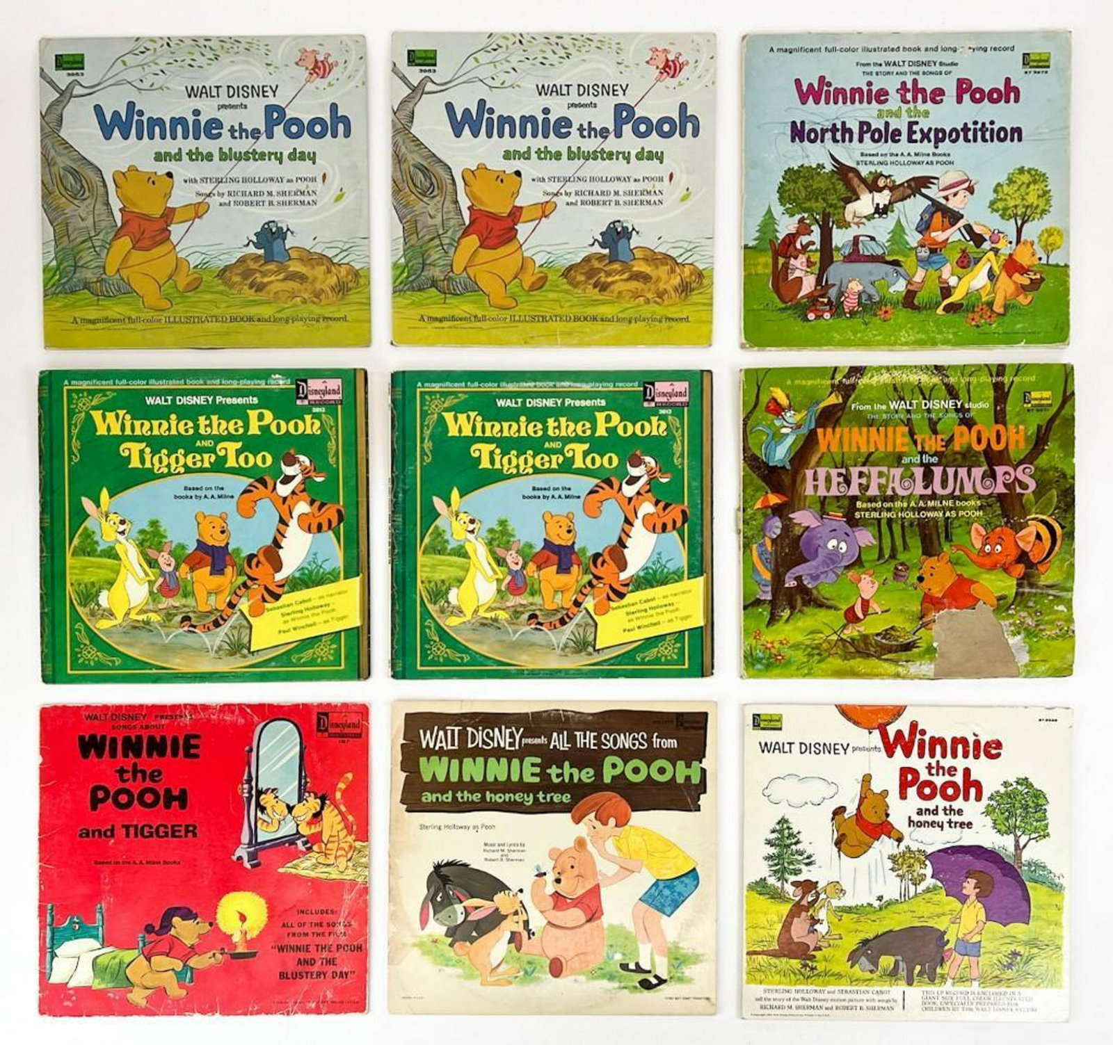 Lot of 9 Vintage 1960s-70s Winnie the Pooh Disney Records: Lot of 9 Vintage 1960s-70s Winnie the Pooh Disney Records. As- is, untested. Some wear on jackets/records. Combined weight: 6.2 lbs.