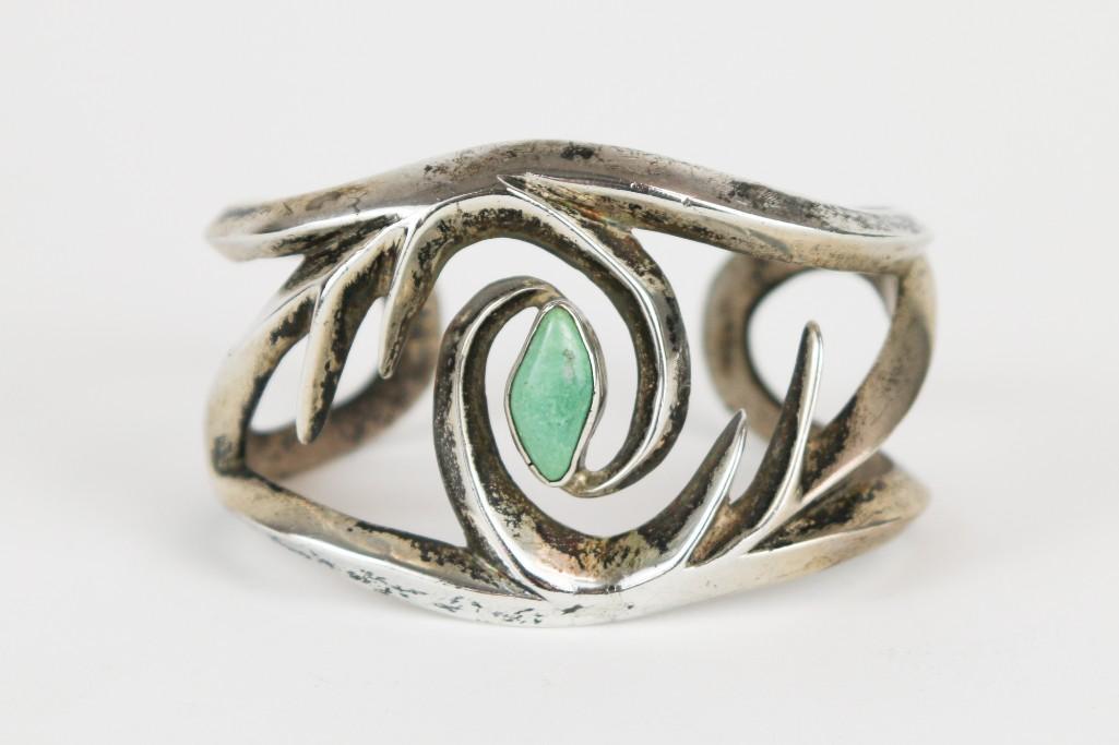 Navajo Sandcast Turquoise Silver Bracelet Cuff (1 of 6)