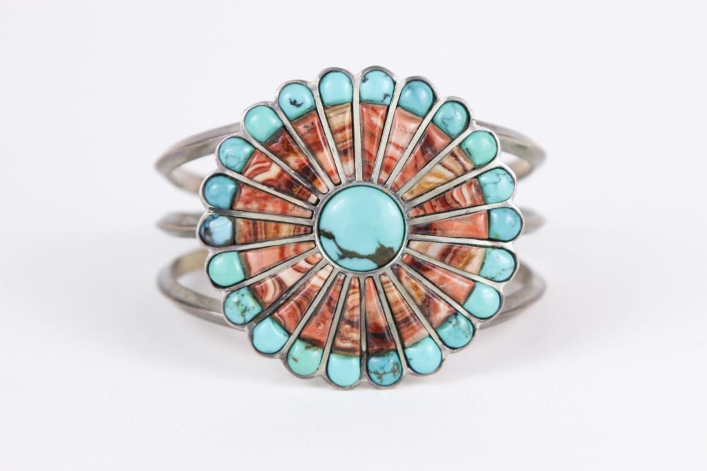 Navajo Cluster Turquoise Silver Cuff Bracelet (1 of 4)