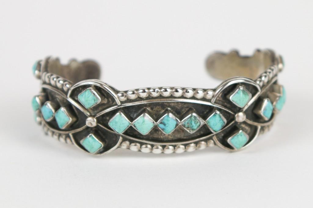 Zuni Diamond Turquoise Silver Bracelet (1 of 6)