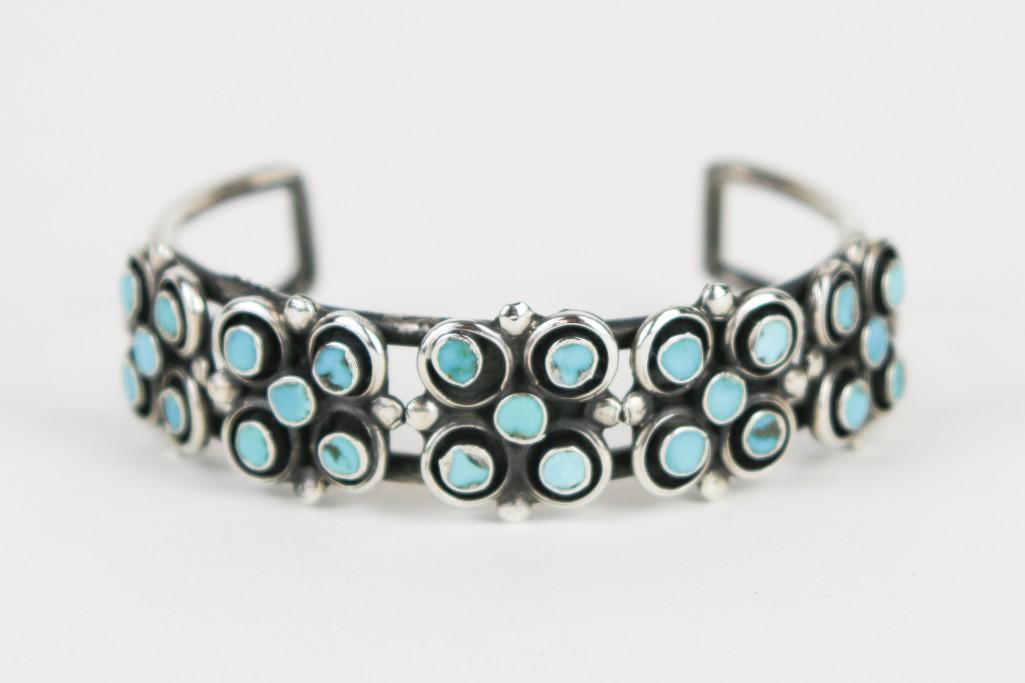 Zuni Clover Turquoise Silver Bracelet (1 of 5)