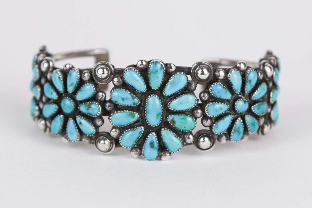 Zuni Turquoise Silver Bracelet Cuff Five Blossom (1 of 6)