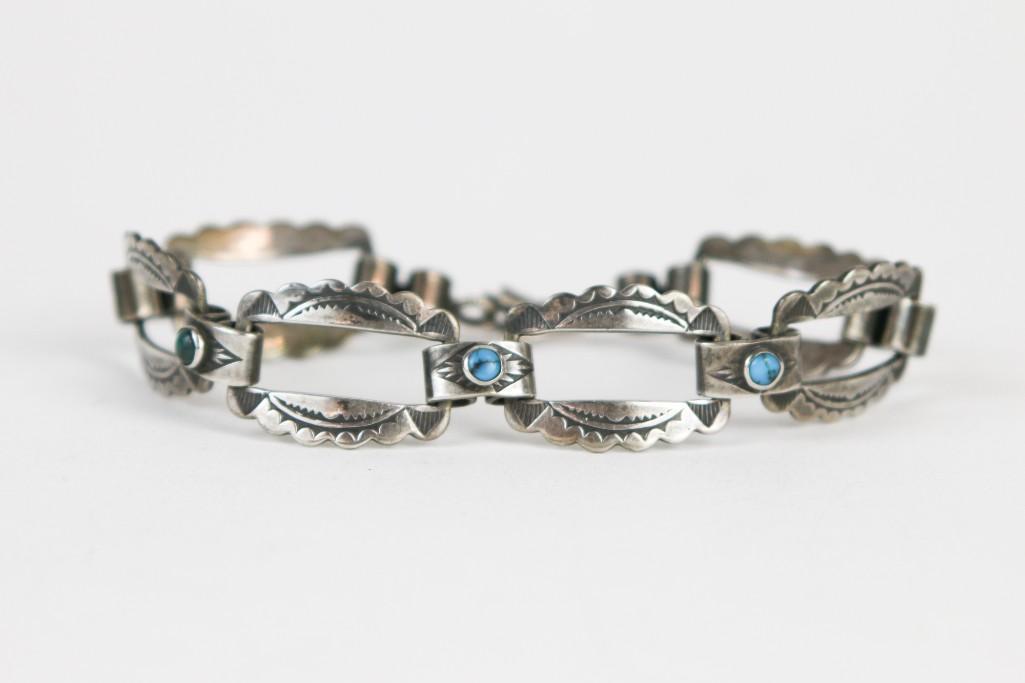 Navajo Silver Turquoise Link Bracelet (1 of 5)