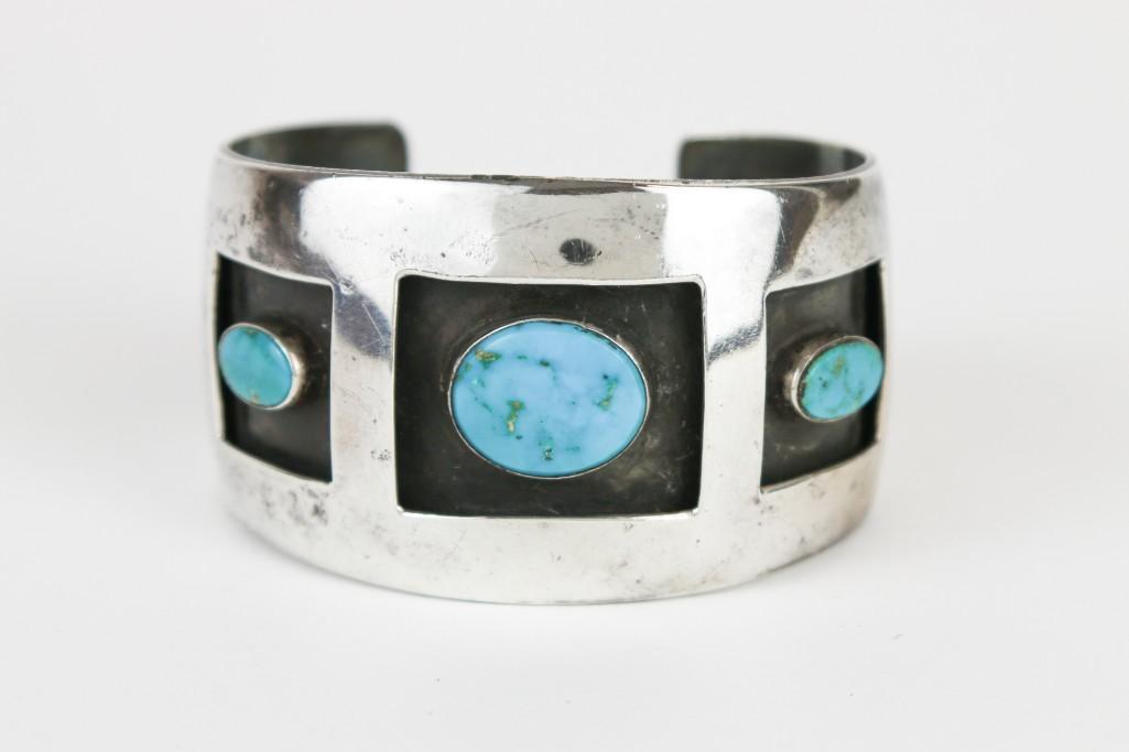 Arturo Rivera Three Stone Turquoise Sterling Bracelet Cuff (1 of 5)