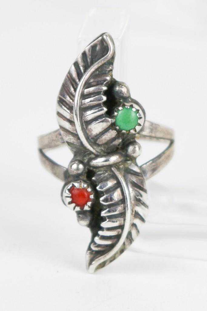 Navajo Coral Turquoise Sterling Silver Leaf Ring (1 of 4)