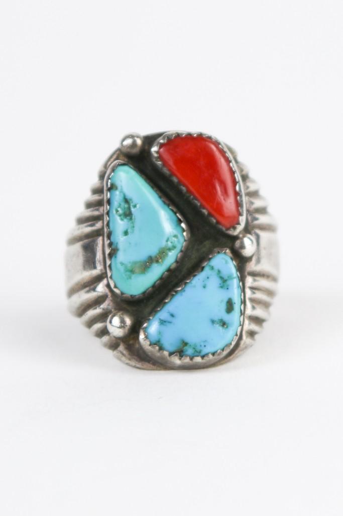 Molly Lincoln Navajo Sterling Turquoise Coral Men's Ring (1 of 5)