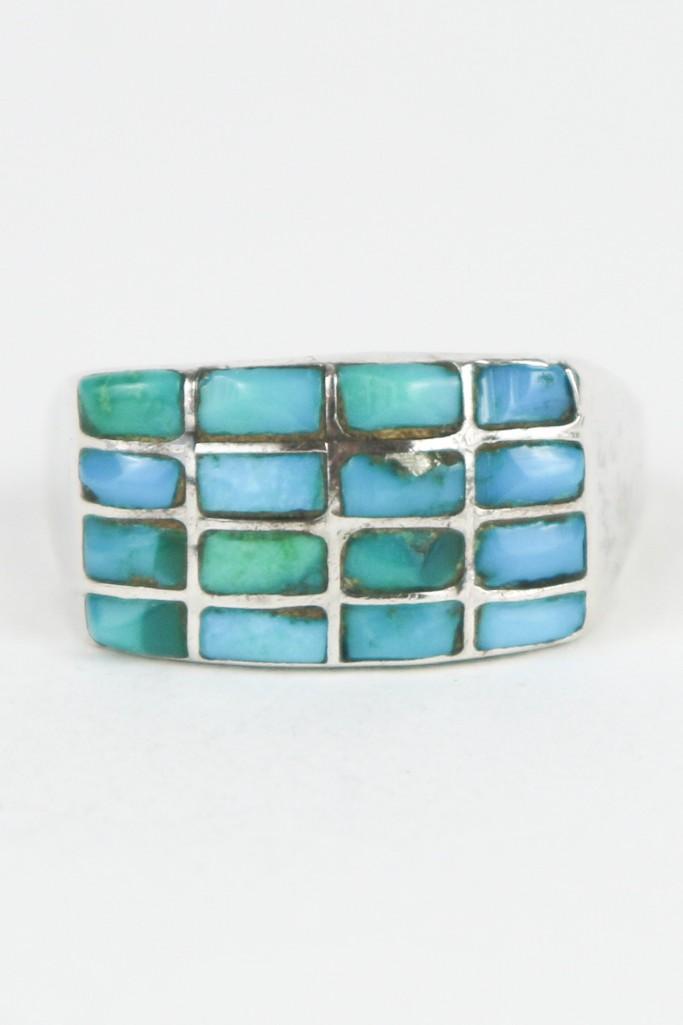 Zuni Turquoise Ring 4 Row Silver Cluster Channel Inlaid (1 of 4)