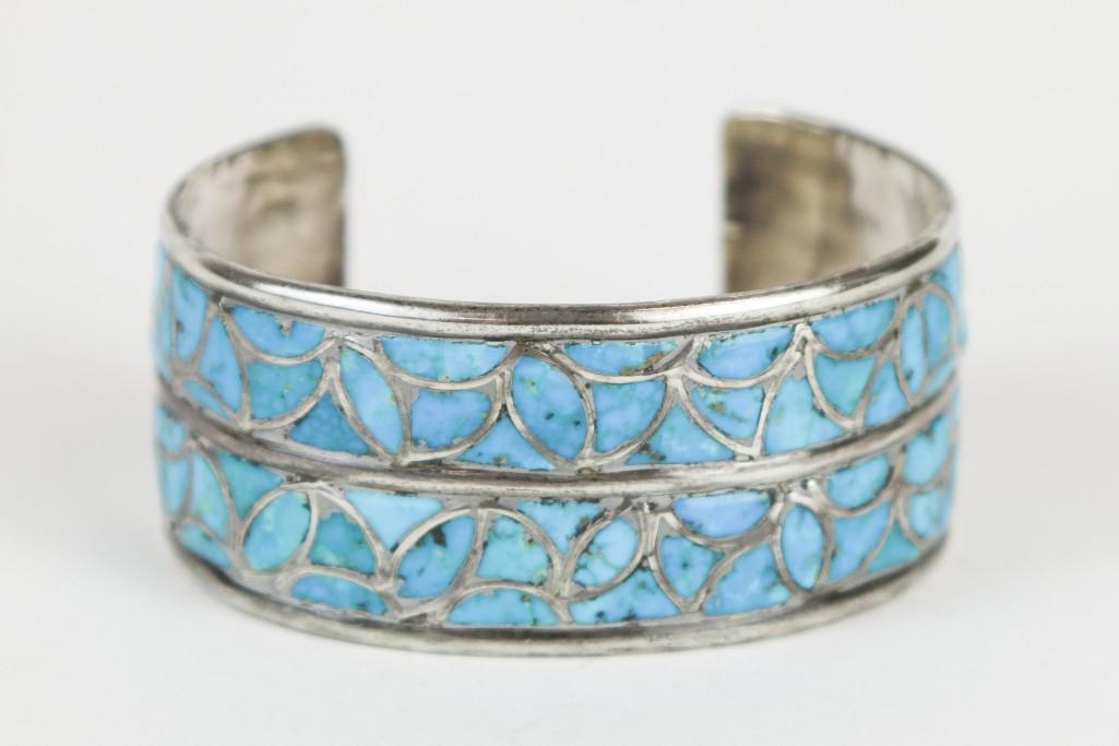 Zuni Two Row Turquoise Channel Inlaid Bracelet Cuff (1 of 6)