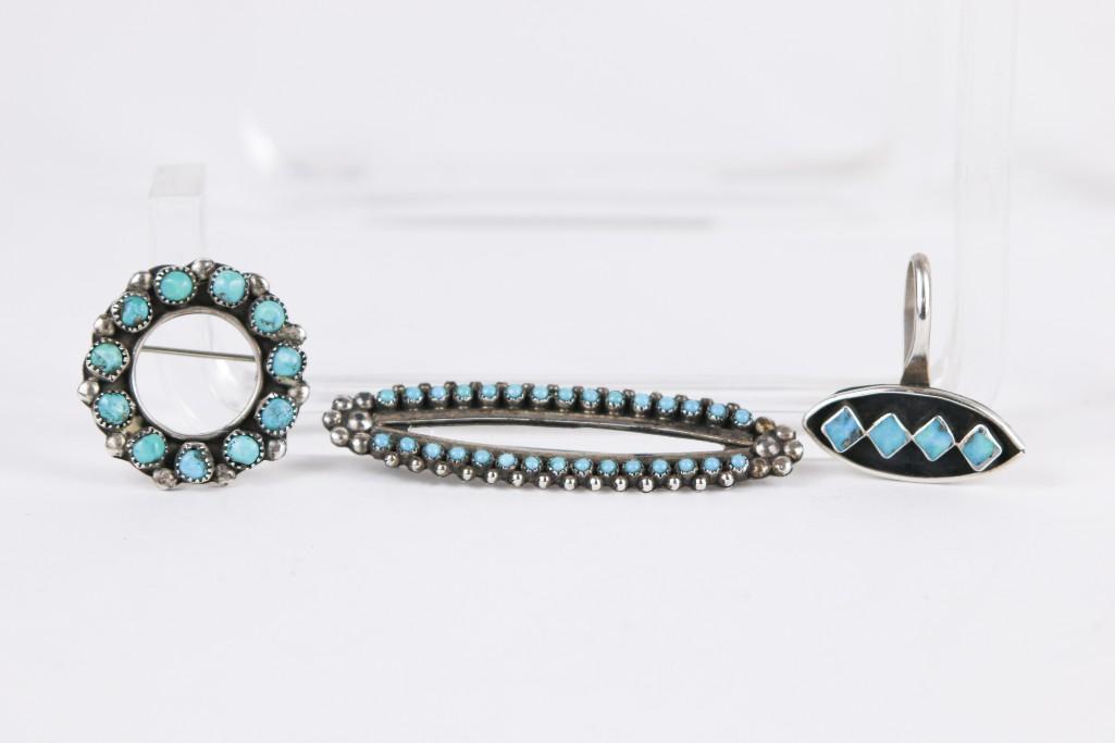Lot of 3 Navajo Pins Brooches Turquoise Sterling Silver (1 of 2)
