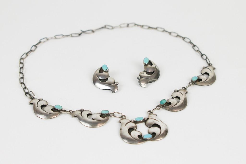 Set Sterling Silver Turquoise Earrings & Necklace (1 of 7)