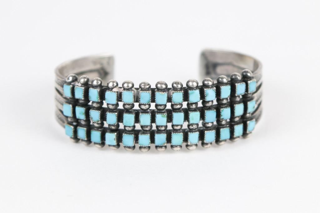 Zuni Three Row Turquoise Silver Bracelet Cuff (1 of 4)