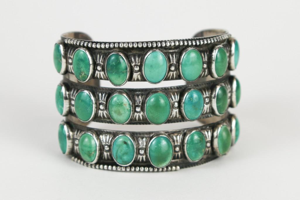 Navajo Turquoise Silver Bracelet Cuff Large Three Rows As-Is (1 of 7)