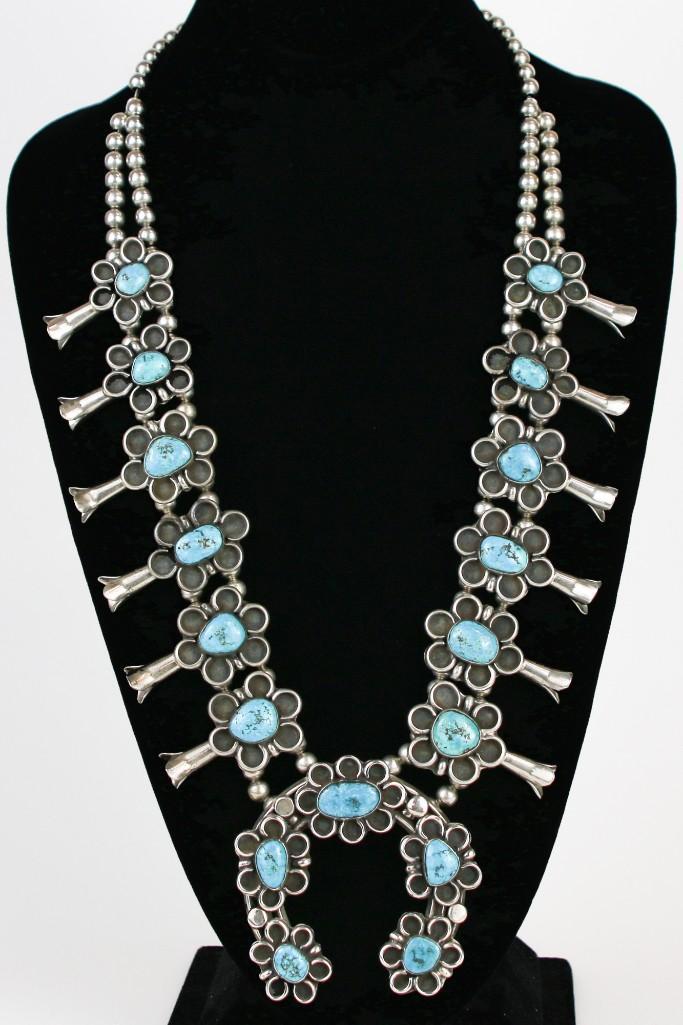 Navajo Circa 1970s Turquoise Squash Blossom Silver Necklace (1 of 7)