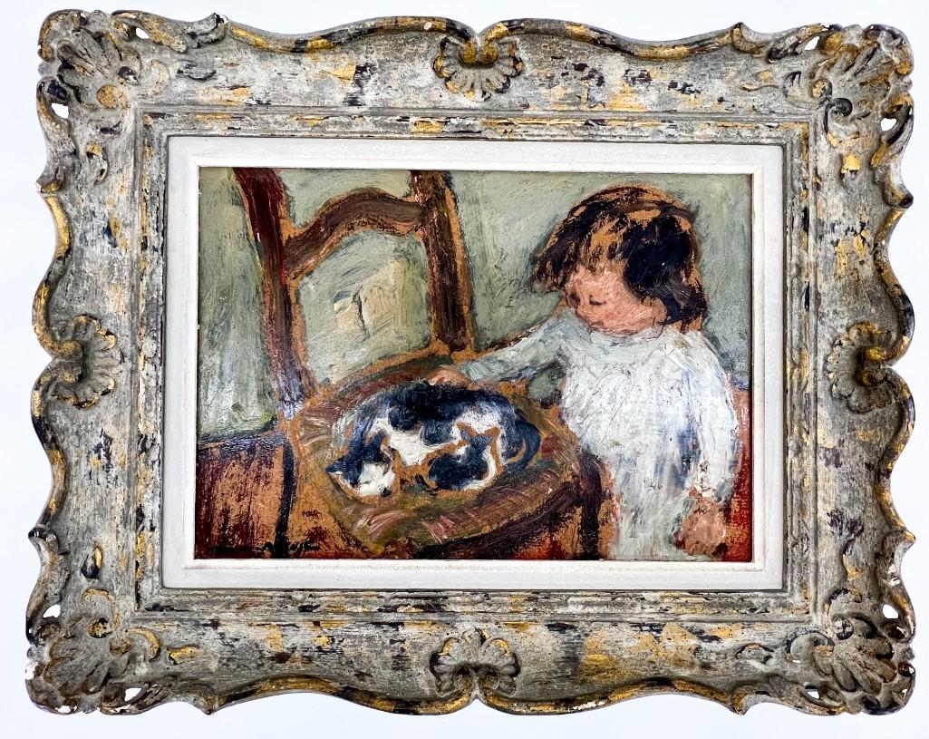 Yves Leduc (20th Century) Oil on Canvas Child with Cat on Chair (1 of 8)