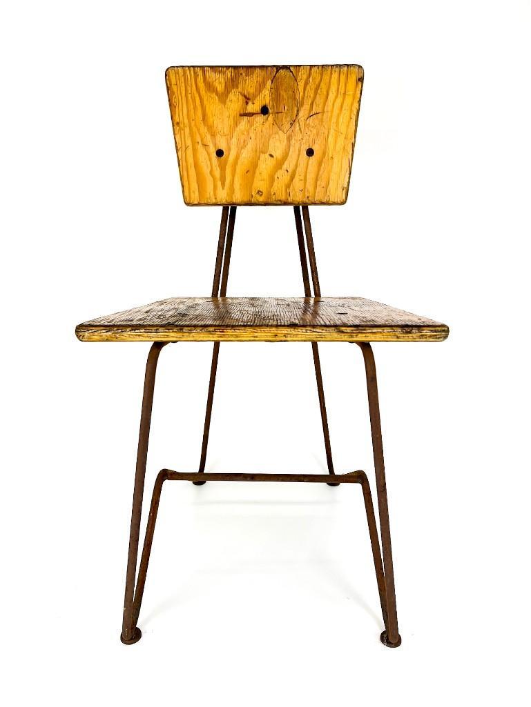 Mid Century Steel and Plywood Side Chair: Mid Century Steel and Plywood Side Chair. Maker unknown. Wear commensurate with age. Approx dimensions: 30 in. H x 15.5 in. W. 18.5 in. D. Weight: 14.5 lbs.