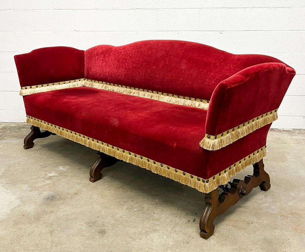 Dark Red Crimson Mohair and Brush Fringe Trim Spanish Revival Sofa Couch (1 of 11)