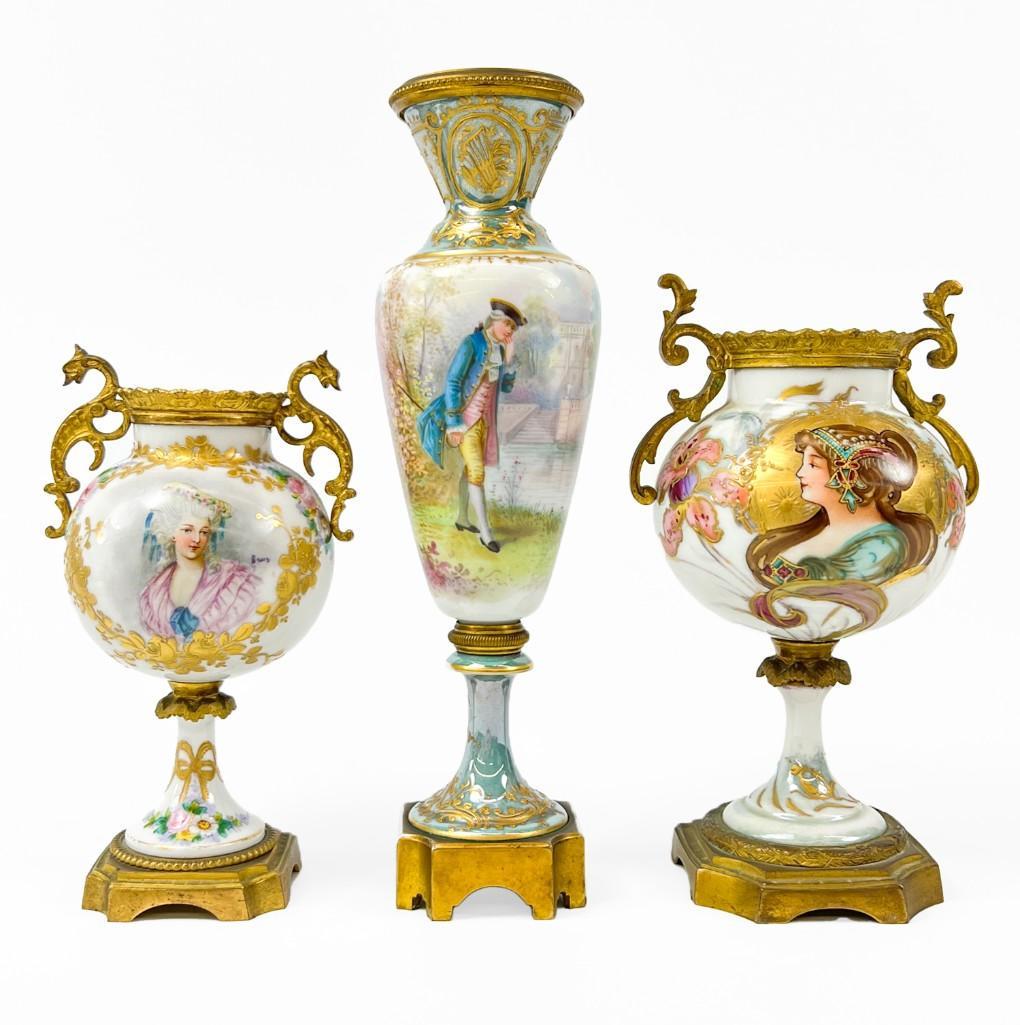 Lot of 3 Hand-Painted Antique Sevres Ormolu Porcelain Vases Marked (1 of 20)