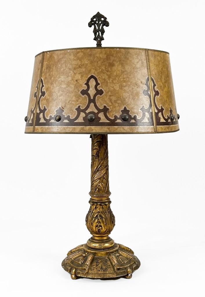 1920's Brass Table Lamp Base Cast w/ Fabric, Mica Shade (1 of 8)