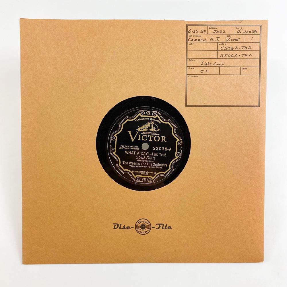 Vi 22038 - Ted Weems and His Orchestra - What A Day!- Fox Trot(A) / Am I A Passing Fancy- Fox: Vi 22038 - Ted Weems and His Orchestra - What A Day!- Fox Trot(A) / Am I A Passing Fancy- Fox Trot(B). This record is part of a 800+ piece single-owner collection from a Los Angeles estate.We believe 