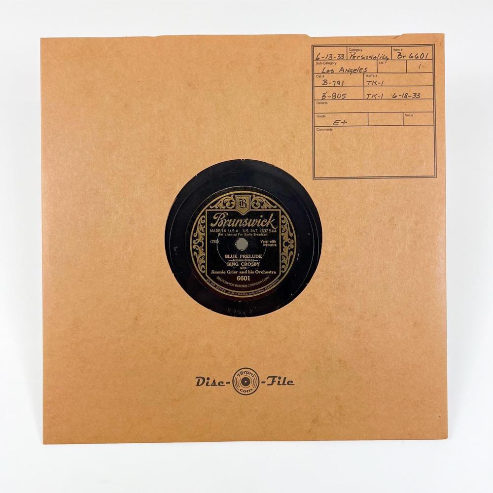 Br 6601 Bing Crosby with Jimmie Grier And His Orchestra - Blue Prelude (A) / Down The Old Ox Road: Br 6601 Bing Crosby with Jimmie Grier And His Orchestra - Blue Prelude (A) / Down The Old Ox Road (B). This record is part of a 800+ piece single-owner collection from a Los Angeles estate.We believe