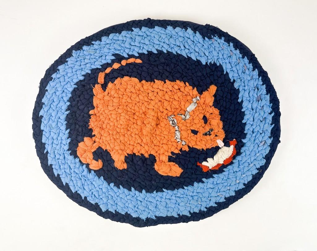Folk Art Rag Rug Wall Hanging Cat Drinking Milk (1 of 10)