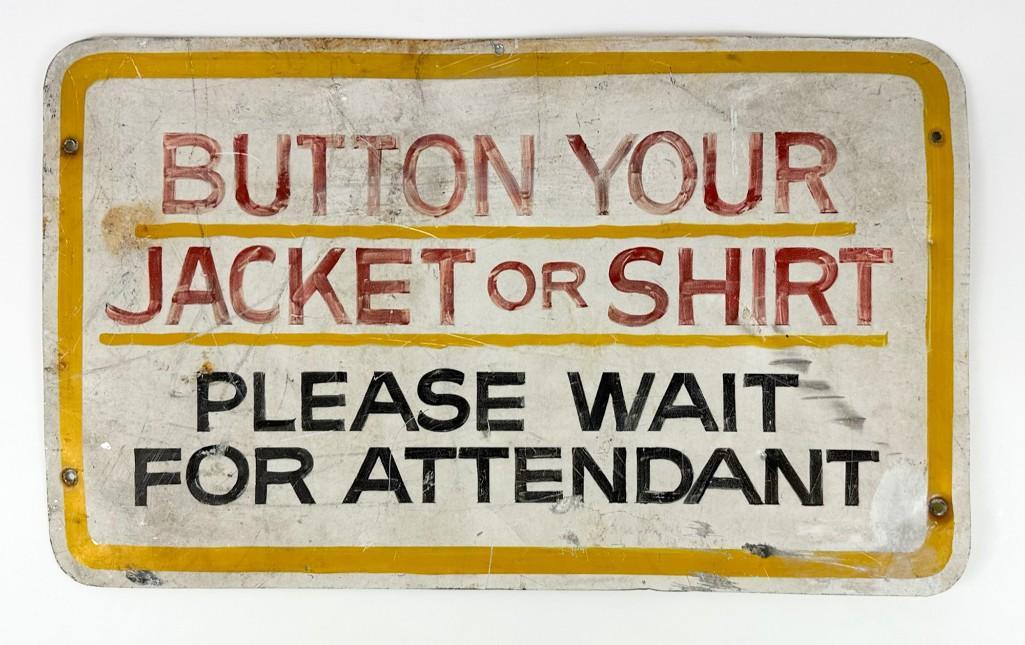 Vintage Hand-painted Metal Sign BUTTON YOUR JACKET OR SHIRT (1 of 2)