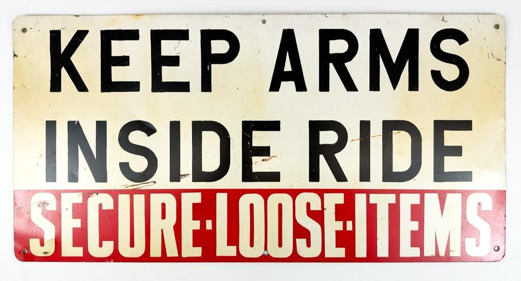 Vintage Double Sided Hand-painted Carnival Metal Sign KEEP ARMS INSIDE RIDE (1 of 2)