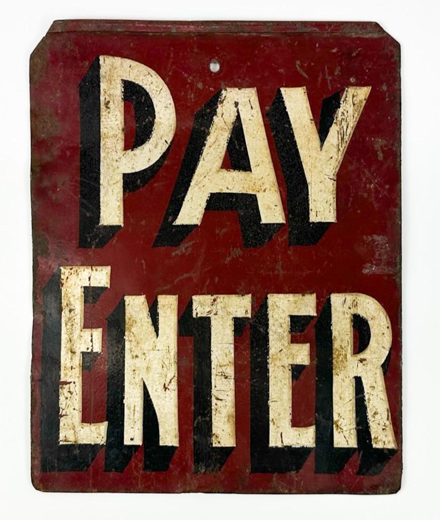 Vintage Hand-painted Double-Sided Sign PAY ENTER / PAY LEAVE (1 of 4)