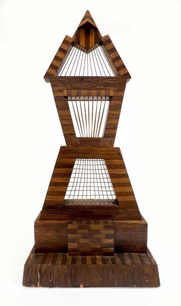Max Straussburger Modern Wood and Rope Sculpture: Max Straussburger Modern Wood and Rope Sculpture. Some surface wear and wood laminate is coming loose in a few areas. Approx. dimensions: 57 in. H x 27 in. W x 14 in. D. Weight: 38.8 lbs.