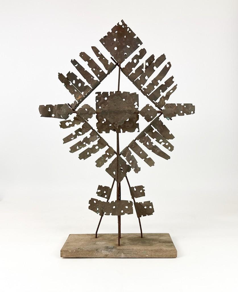 Hank Lukas Copper Sheet and Steel Mid Century Folk Art Sculpture: Hank Lukas Copper Sheet and Steel Mid Century Folk Art Sculpture. Patinated copper sheet and rusted steel rod sculpture. Weathered wood base. Approx. 29.25 x 19.75 x 5.5 in. Weight 4.5 ibs.