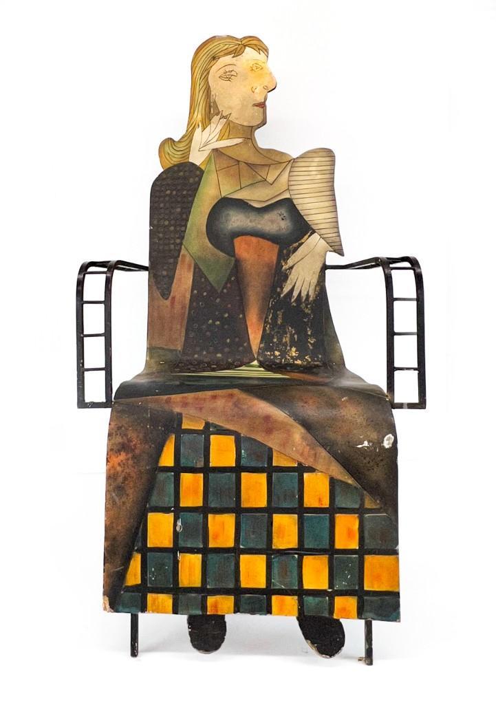 Hand-painted Plywood Steel Frame Picasso Inspired Armchair: Hand-painted Plywood Steel Frame Picasso Inspired Armchair. Some surface/ paint wear. Approx. dimensions: 52 in. H x 25 in. W x 28 in. D. Weight: 41 lbs.