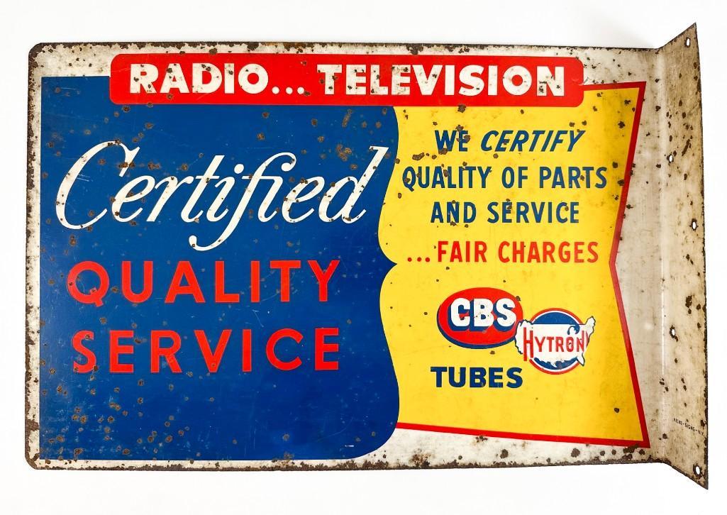 Vintage Painted Metal Double Sided Sign RADIO TELEVISION CBS HYTRON TUBES (1 of 5)