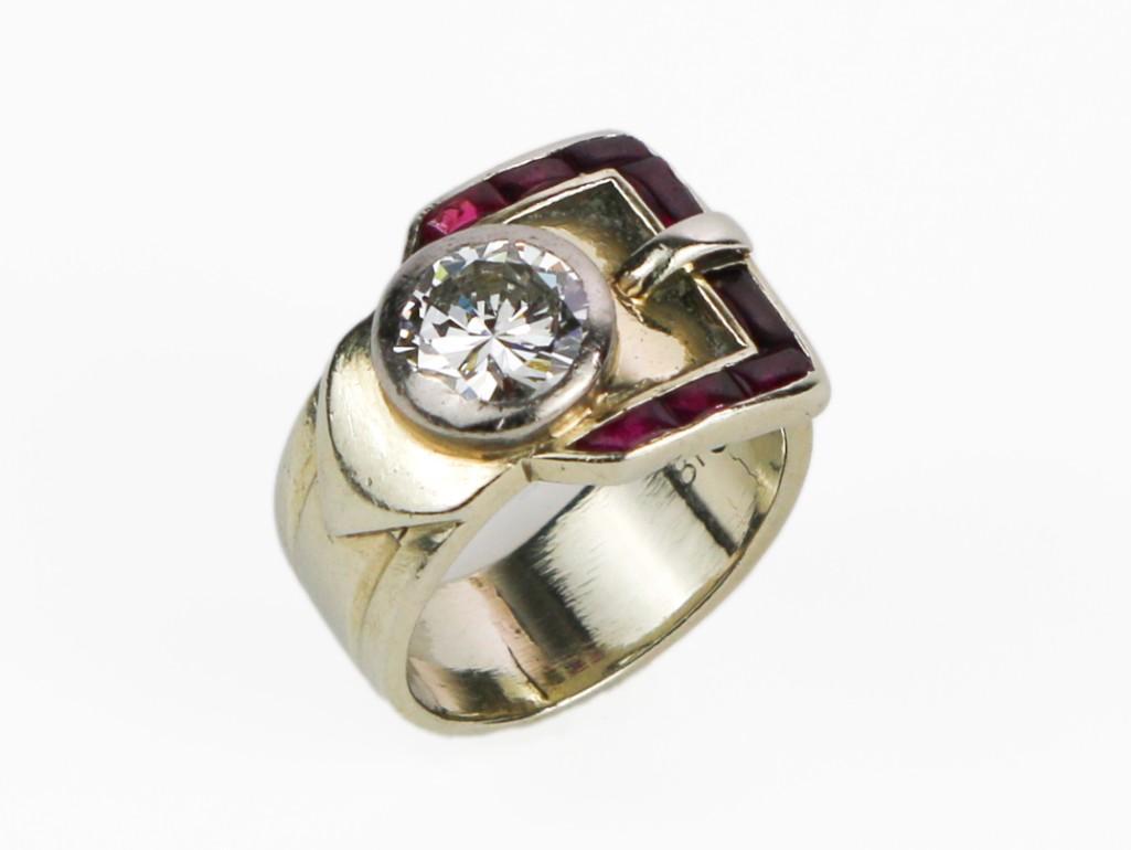 18K Gold 2.0 ct Diamond Ruby Belt Ring 1960s (1 of 8)