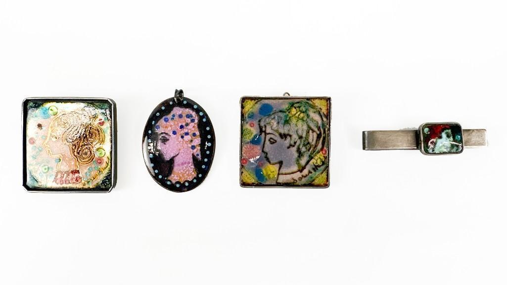 Doris Hall (1907-2000) 4 Pc Group Sterling Silver Enamel Plaque Pendant, Tie Bar, & Brooch (1 of 9)