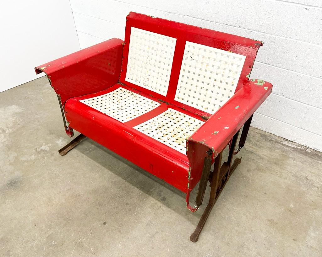 Vintage Steel Patio Glider Loveseat Chair: Vintage Steel Patio Glider Loveseat Chair. Vintage metal loveseat glider. Some rust and paint loss throughout. Approx. 34.75 in. H x 47 in. W x 28.5 in. D.