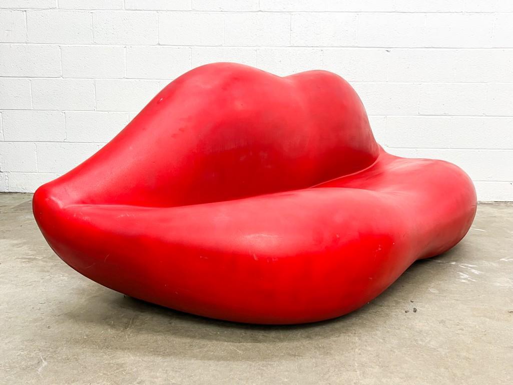 Heller Bocca Pop Art Lips Sofa Bench Seat: Heller Bocca Pop Art Lips Sofa Bench Seat. Some surface paint loss throughout. Note that when sat on, the seat buckles (sinks down) a bit. Approx. dimensions: 35 in. H x 81 in. W x 30 in. D.