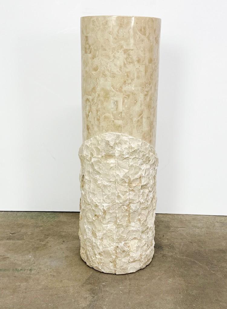 Magnussen Ponte Postmodern Tesselated Travertine Pedestal: Magnussen Ponte Postmodern Tesselated Travertine Pedestal. Pedestal. Limestone veneer. Approx. 42 in. H x 14 in. W x 14 in. D.