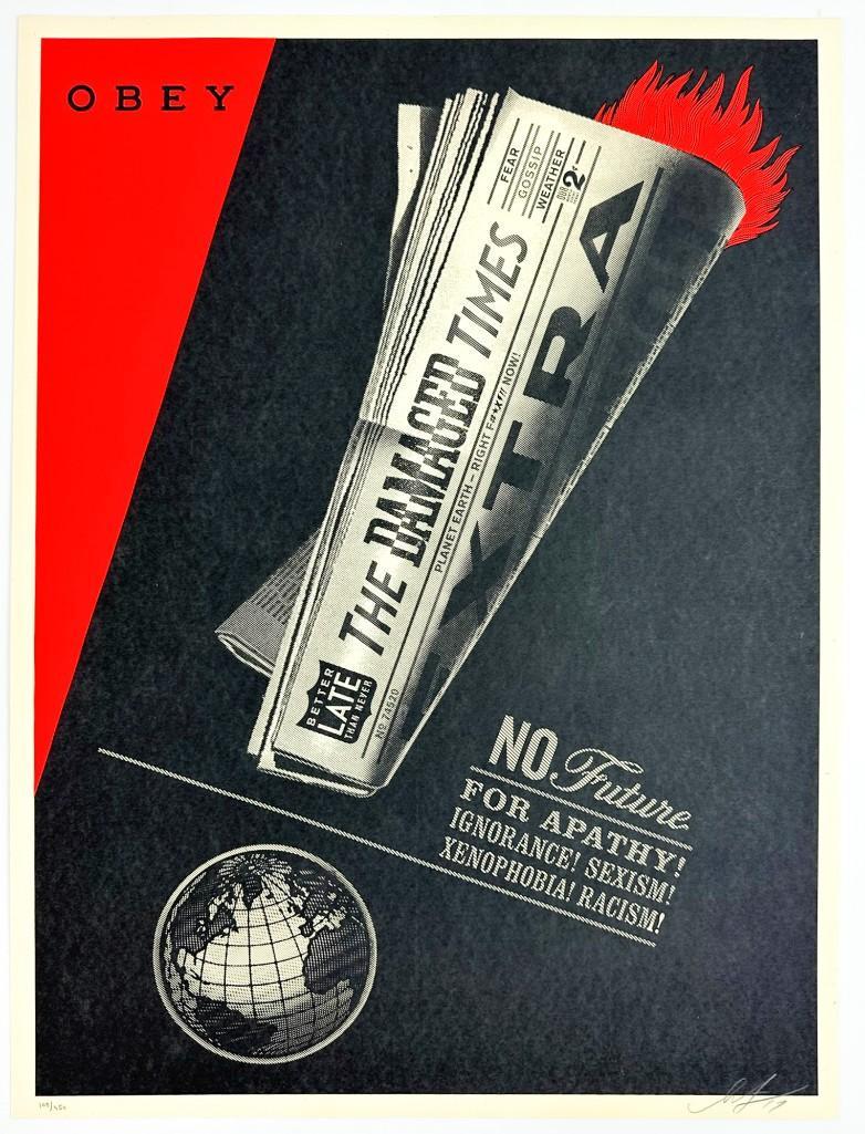 Shepard Fairey (b. 1970) Pencil Signed, Numbered Dated Print Damaged Times: Shepard Fairey (b. 1970) Pencil Signed, Numbered Dated Print Damaged Times. Edition 108/450. Cloth tabe on edges and corners on back. Approx. 24 x 18 in. Weight 1 lbs.