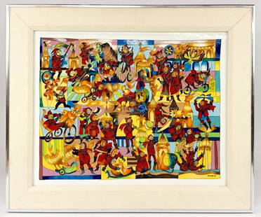 Joseph Trippetti (B. 1923) Framed Enamel Plaque Painting: Joseph Trippetti (B. 1923) Framed Enamel Plaque Painting. Signed. Cloisonné on steel. Titled "Merry Makers". Approx. 16 x 20 in. Frame 20.5 x 24.5 in. Weight 10 lb.