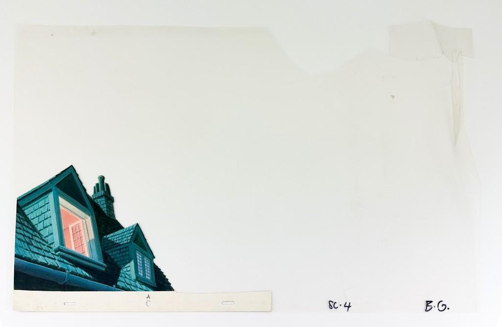 Original Disney Peter Pan (1953) Background Cel: Original Disney Peter Pan (Walt Disney Productions, 1953) background production cel. Top right corner torn and missing areas. Numbered SC-4. Approx. dimensions: 13.5 in. H x 24 in. W. Weight: 1 lb.