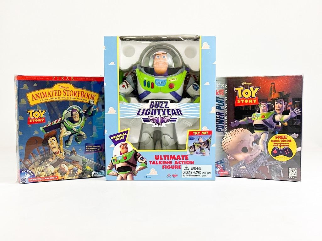 Vintage Pixar Disney Buzz Lightyear Toy and Toy Story CD-ROMs: All items are sealed in original packaging.