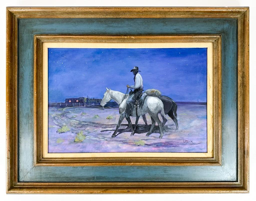William T. Zivic (B. 1930) Oil on Canvas Cowboy Rider at Twilight 1970: Signed lower right. Approx. 26.75 in. H x 37.75 in. W x 3 in. D. Visible 15.5x 23 in.; with 5 in. beveled wood frame. Weight 10.3 lbs.