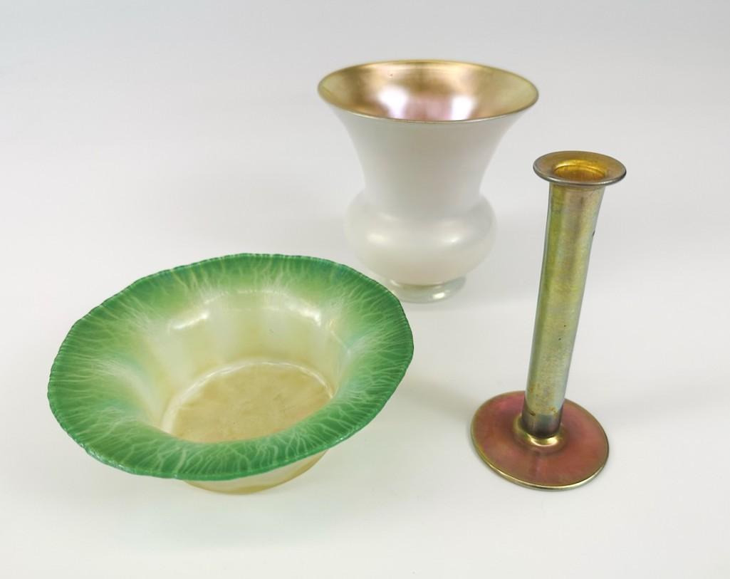 Lot of 3 Art Glass L.C. Tiffany Bowl Steuben Vase Unmarked Vase (1 of 20)