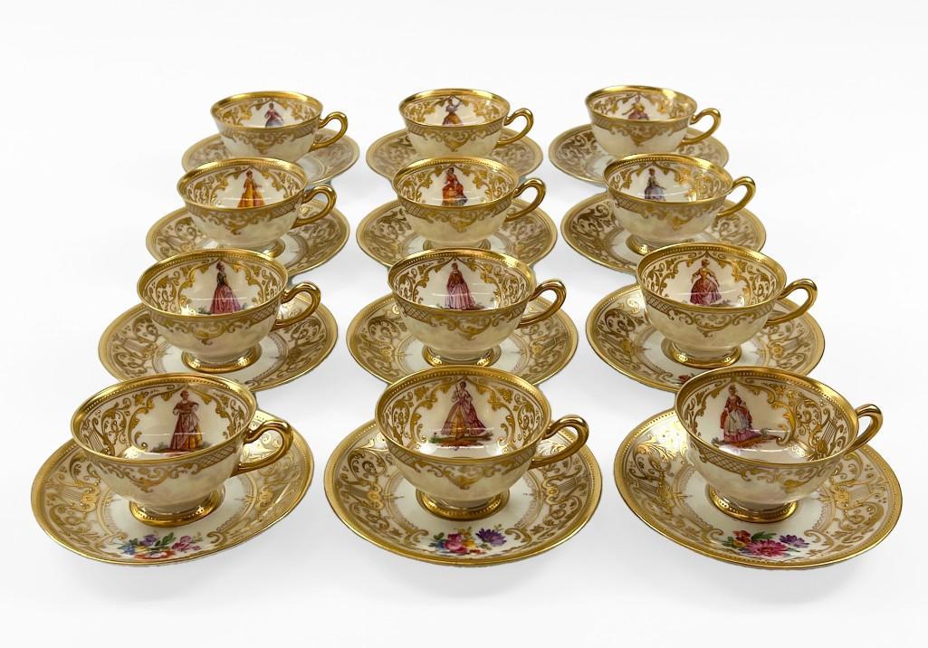 24 Pc. Dresden Saxony Hand Painted Teacup & Saucer Set (1 of 11)