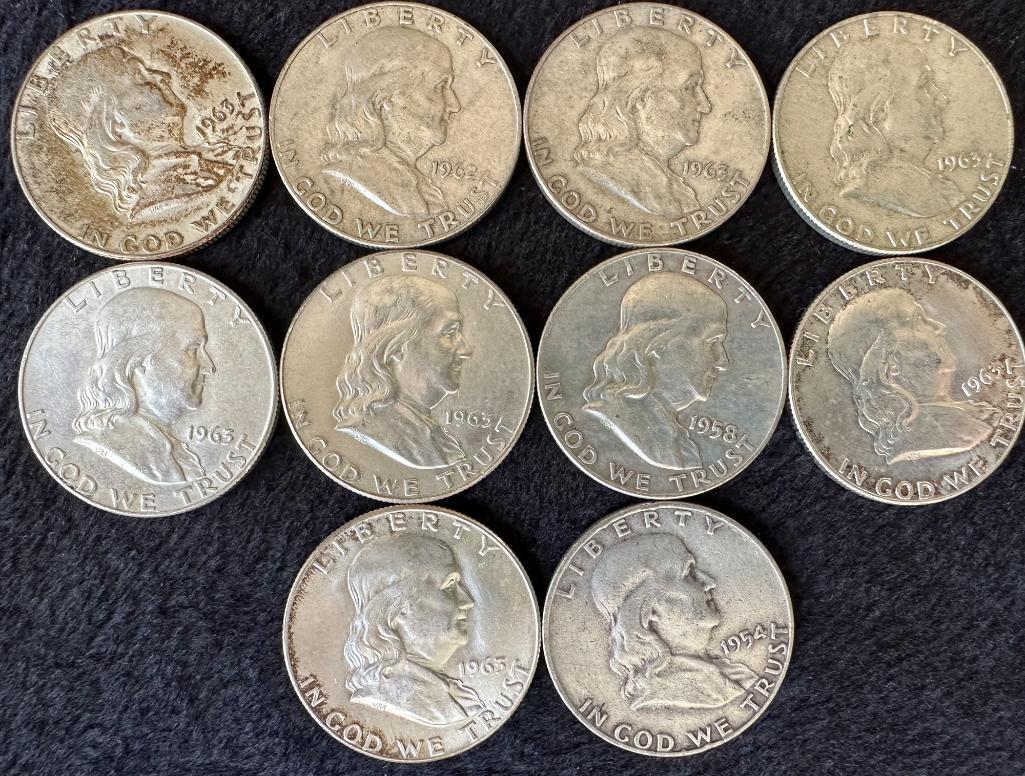10 Franklin Half Dollars US Coins (1 of 2)