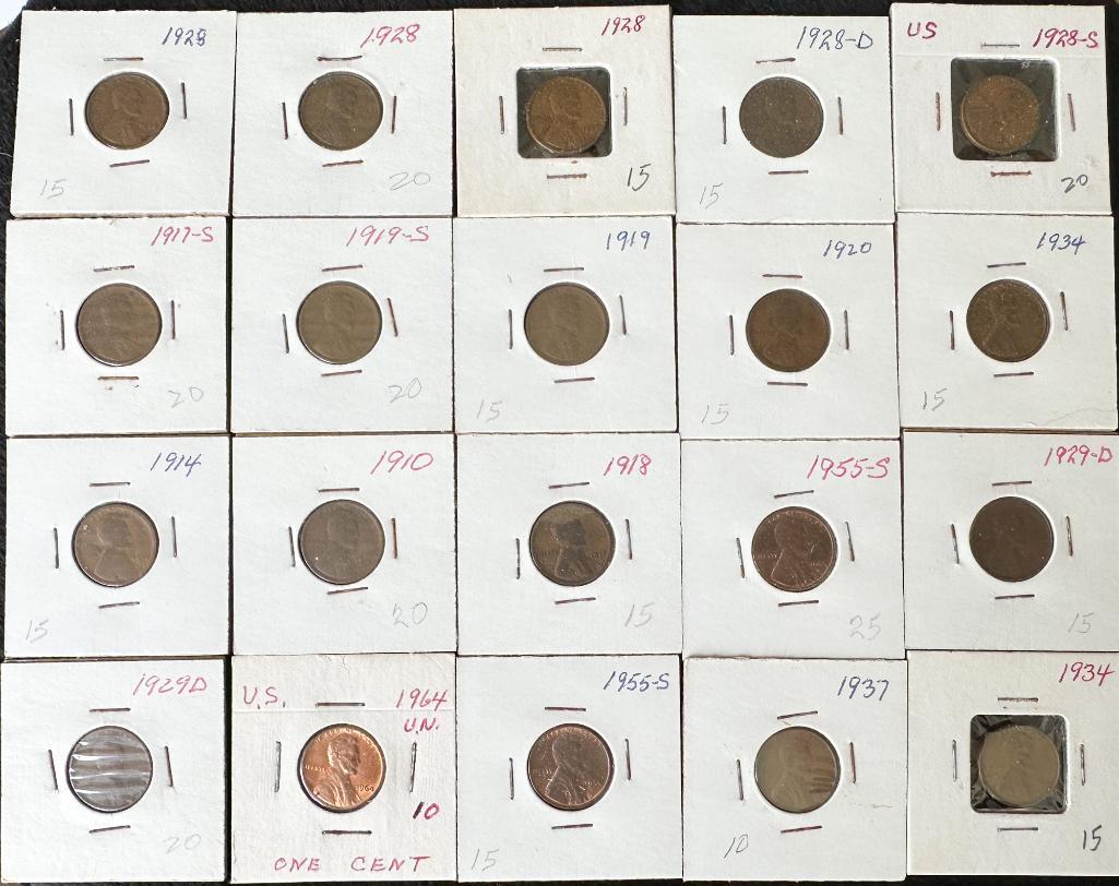 20 1910-1964 One Cent Coin Pennies US Coins: All coins are sold as-is and ungraded, as we are not coin graders. Please examine photos carefully and request additional photos if needed. The coins in the photos are the coins that you will receive.