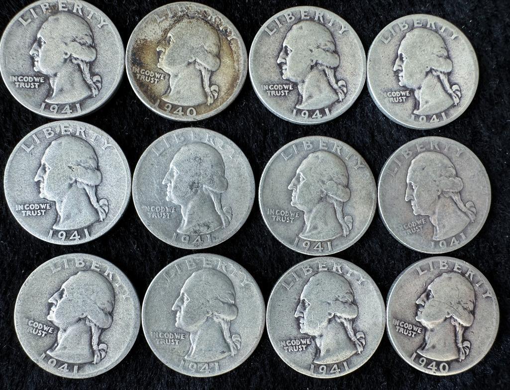 (12) 1940-1941 Washington Quarters US Coins 90% Silver (1 of 2)