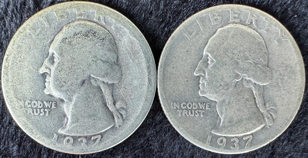 (2) 1937 Washington Quarters US Coins 90% Silver (1 of 2)