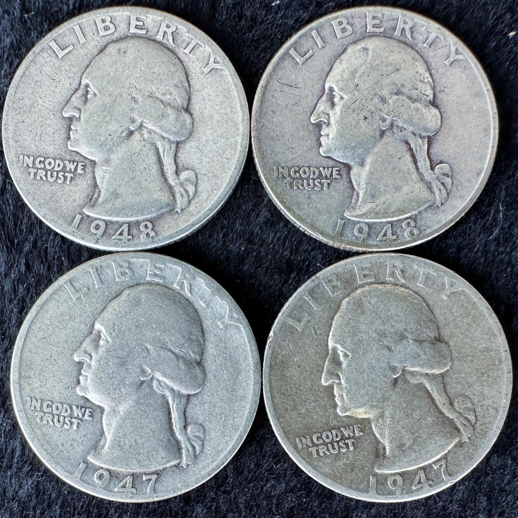 (2) 1948-S and (2) 1947-D Washington Quarters US Coins 90% Silver (1 of 2)